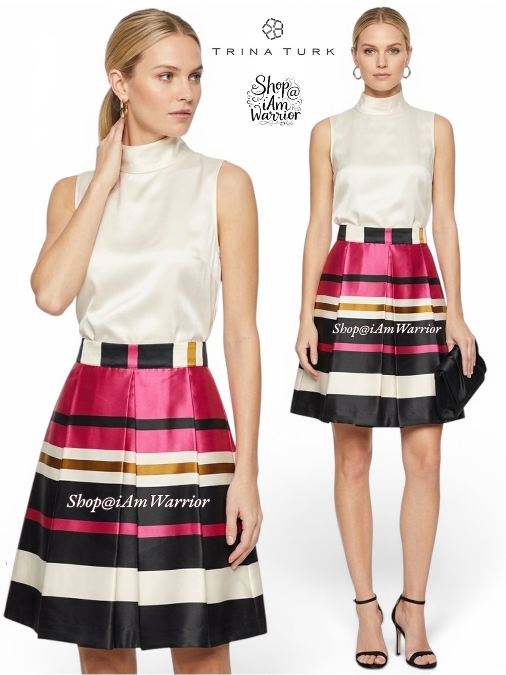 Trina Turk hot pink, black & cream striped taffeta a-line skirt *shop@iamwarrior